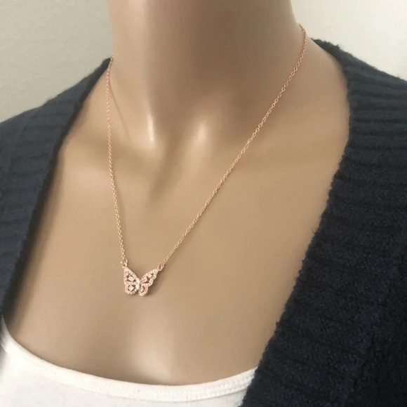 S925 Rose Gold Simulated Diamond Butterfly Necklace - Picture 8 of 8